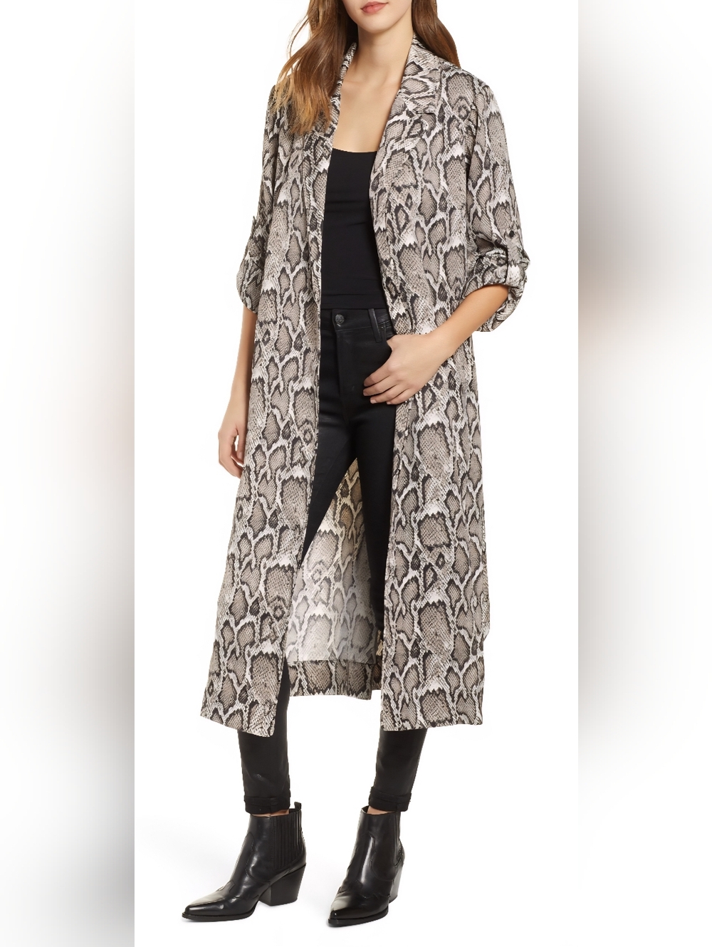 AFRM Snake-Print Duster Coat in Black and Cream